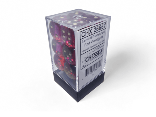 Chessex: Gemini Translucent Red/Violet 16mm d6 Dice Block (12 Dice) - Collector Store LLC