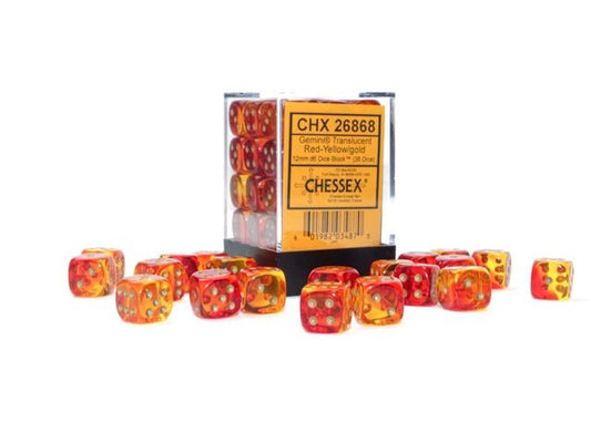 Chessex: Gemini Translucent Red/Yellow 12mm d6 Dice Block (36 Dice) - Collector Store LLC