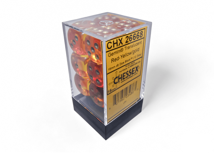 Chessex: Gemini Translucent Red/Yellow 16mm d6 Dice Block (12 Dice) - Collector Store LLC