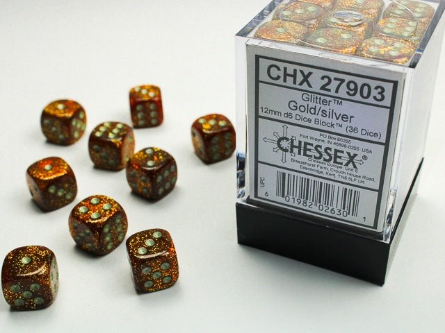 Chessex: Glitter Gold/Silver 12mm d6 Dice Block (36 Dice) - Collector Store LLC
