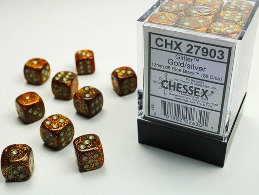 Chessex: Glitter Gold/Silver 12mm d6 Dice Block (36 Dice) - Collector Store LLC