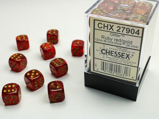 Chessex: Glitter Ruby/Gold 12mm d6 Dice Block (36 Dice) - Collector Store LLC