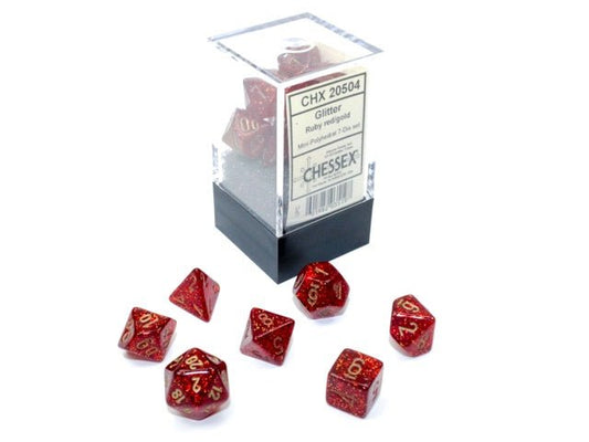 Chessex: Glitter Ruby/Gold MINI Polyhedral 7 - Dice Set - Collector Store LLC