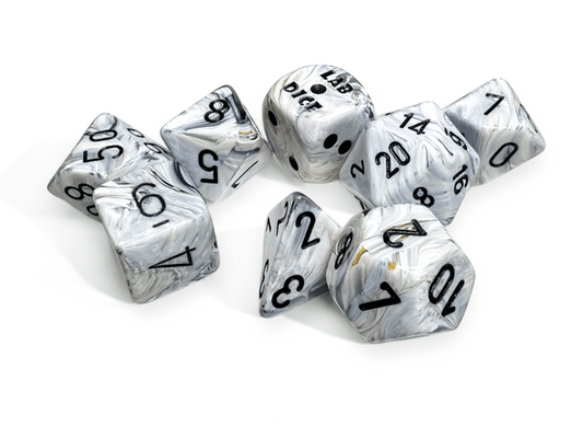 Chessex: Marble Calcite/Black Polyhedral 7 - Dice Set (with Bonus Dice) - Collector Store LLC