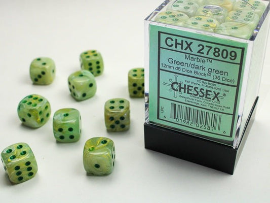Chessex: Marble Green/DarkGreen 12mm d6 Dice Block (36 Dice) - Collector Store LLC