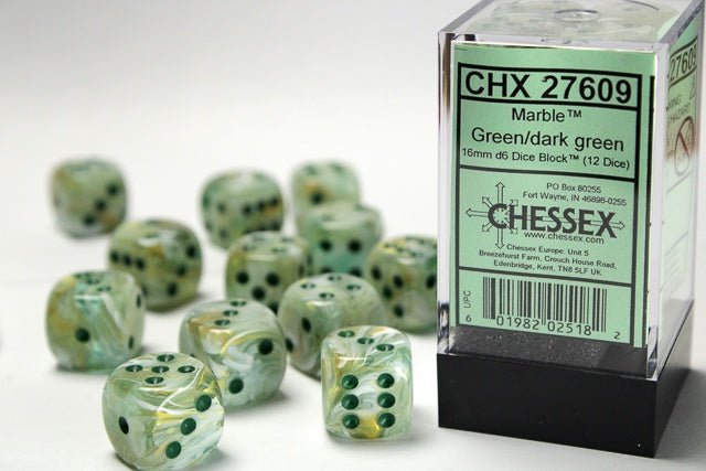 Chessex: Marble Green/DarkGreen 16mm d6 Dice Block (12 Dice) - Collector Store LLC