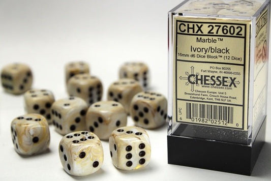 Chessex: Marble Ivory/Black 16mm d6 Dice Block (12 Dice) - Collector Store LLC
