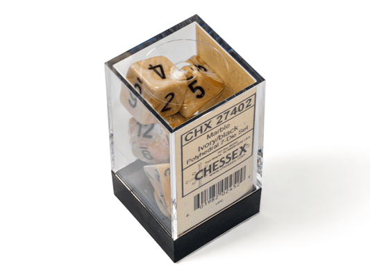 Chessex: Marble Ivory/Black Polyhedral 7 - Dice Set - Collector Store LLC
