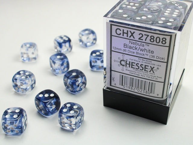 Chessex: Nebula Black/White 12mm d6 Dice Block (36 Dice) - Collector Store LLC