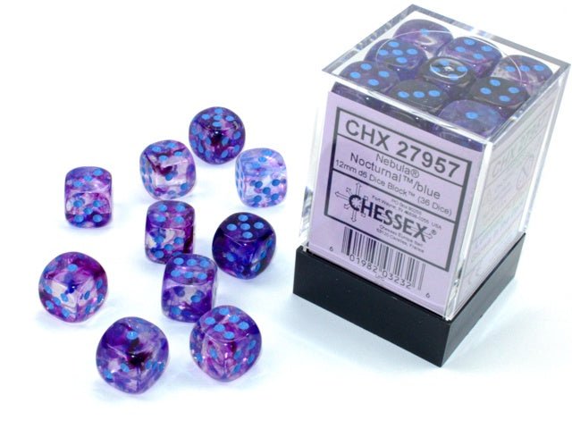 Chessex: Nebula Nocturnal/Blue 12mm d6 Dice Block (36 Dice) - Collector Store LLC