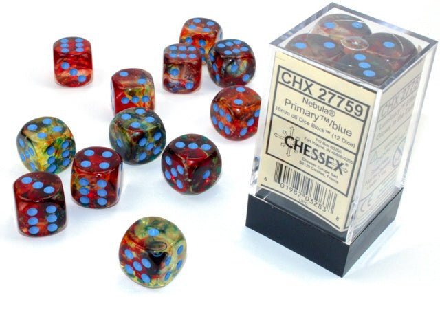 Chessex: Nebula Primary/Turquoise 16mm d6 Dice Block (12 Dice) - Collector Store LLC