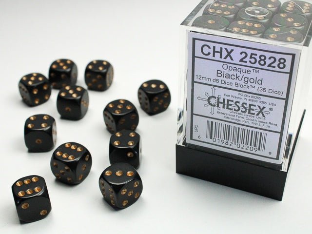 Chessex: Opaque Black/Gold 12mm d6 Dice Block (36 Dice) - Collector Store LLC