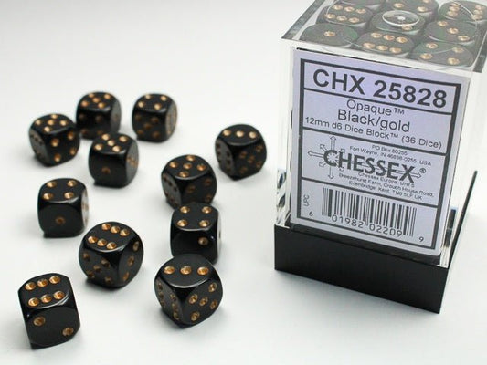 Chessex: Opaque Black/Gold 12mm d6 Dice Block (36 Dice) - Collector Store LLC