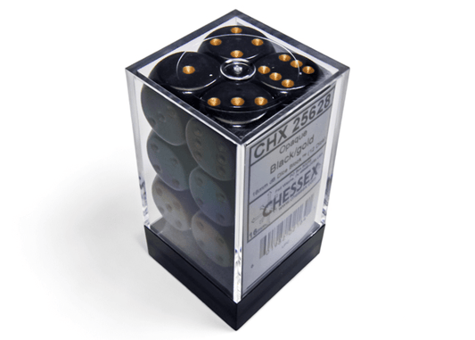 Chessex: Opaque Black/Gold 16mm d6 Dice Block (12 Dice) - Collector Store LLC
