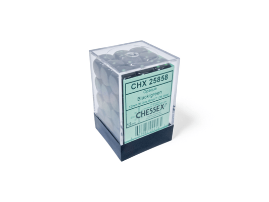 Chessex: Opaque Black/Green 12mm d6 Dice Block (36 Dice) - Collector Store LLC