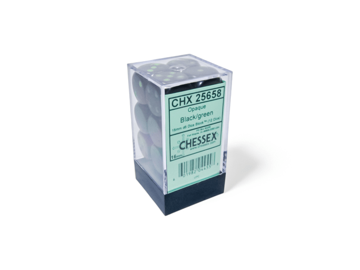 Chessex: Opaque Black/Green 16mm d6 Dice Block (12 Dice) - Collector Store LLC