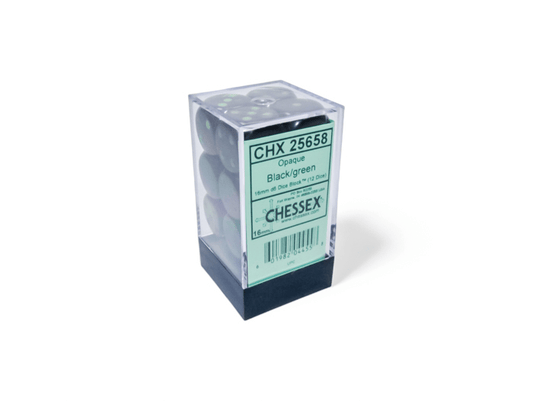 Chessex: Opaque Black/Green 16mm d6 Dice Block (12 Dice) - Collector Store LLC