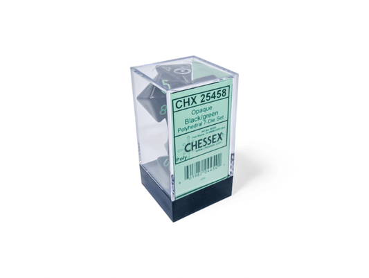 Chessex: Opaque Black/Green Polyhedral 7 - Dice Set - Collector Store LLC