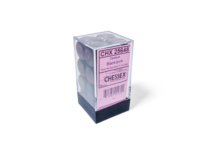 Chessex: Opaque Black/Pink 16mm d6 Dice Block (12 Dice) - Collector Store LLC