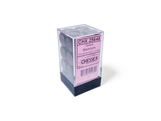 Chessex: Opaque Black/Pink 16mm d6 Dice Block (12 Dice) - Collector Store LLC
