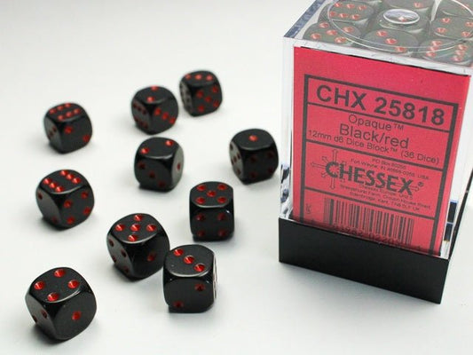 Chessex: Opaque Black/Red 12mm d6 Dice Block (36 Dice) - Collector Store LLC