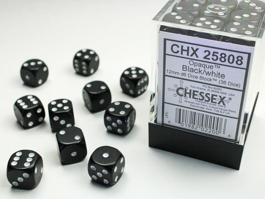 Chessex: Opaque Black/White 12mm d6 Dice Block (36 Dice) - Collector Store LLC