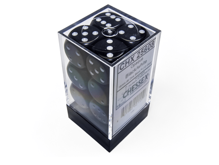 Chessex: Opaque Black/White 16mm d6 Dice Block (12 Dice) - Collector Store LLC