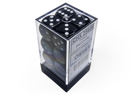 Chessex: Opaque Black/White 16mm d6 Dice Block (12 Dice) - Collector Store LLC