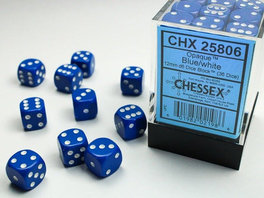 Chessex: Opaque Blue/White 12mm d6 Dice Block (36 Dice) - Collector Store LLC