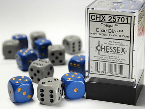 Chessex: Opaque Blue/Yellow + Grey/Black 16mm d6 Dice Block (12 Dice) - Collector Store LLC