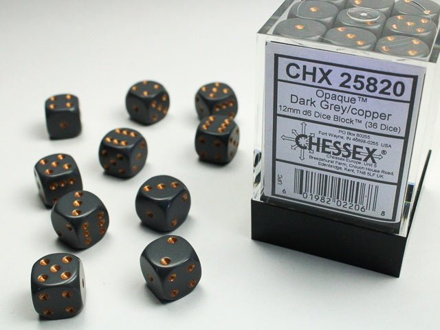 Chessex: Opaque DarkGrey/Copper 12mm d6 Dice Block (36 Dice) - Collector Store LLC