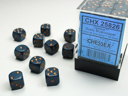Chessex: Opaque DustyBlue/Gold 12mm d6 Dice Block (36 Dice) - Collector Store LLC