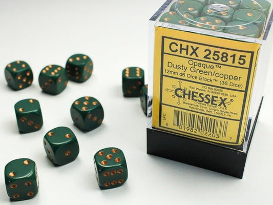 Chessex: Opaque DustyGreen/Gold 12mm d6 Dice Block (36 Dice) - Collector Store LLC