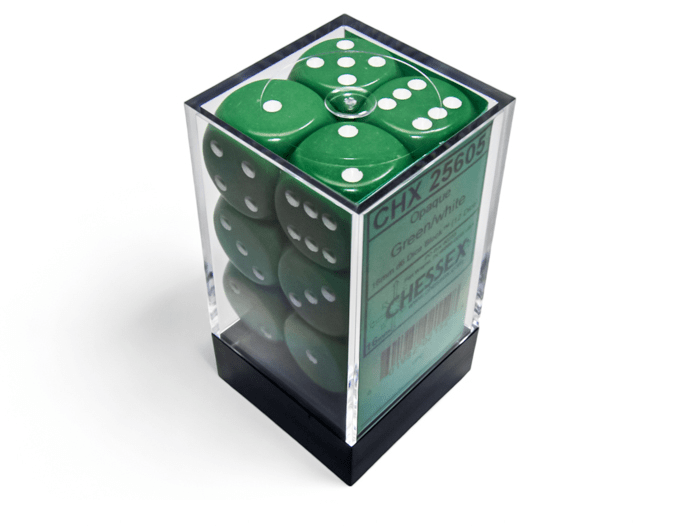 Chessex: Opaque Green/White 16mm d6 Dice Block (12 Dice) - Collector Store LLC