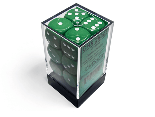 Chessex: Opaque Green/White 16mm d6 Dice Block (12 Dice) - Collector Store LLC