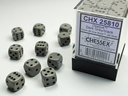 Chessex: Opaque Grey/Black 12mm d6 Dice Block (36 Dice) - Collector Store LLC