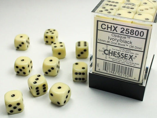 Chessex: Opaque Ivory/Black 12mm d6 Dice Block (36 Dice) - Collector Store LLC