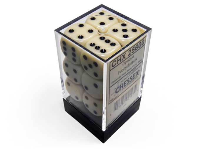 Chessex: Opaque Ivory/Black 16mm d6 Dice Block (12 Dice) - Collector Store LLC