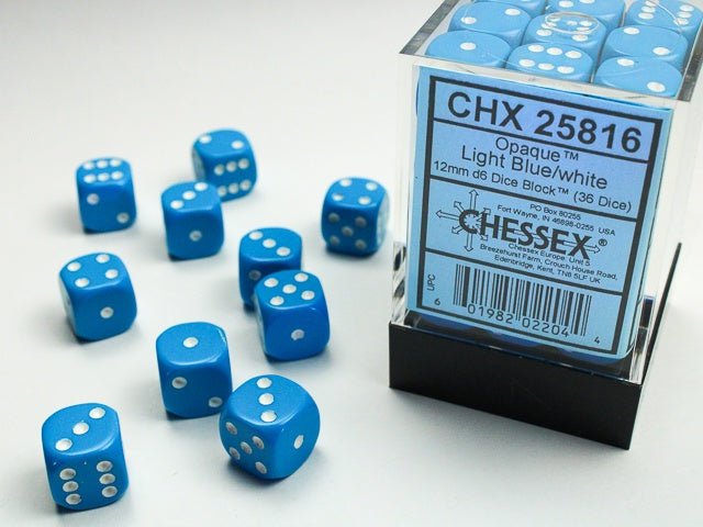 Chessex: Opaque LightBlue/White 12mm d6 Dice Block (36 Dice) - Collector Store LLC