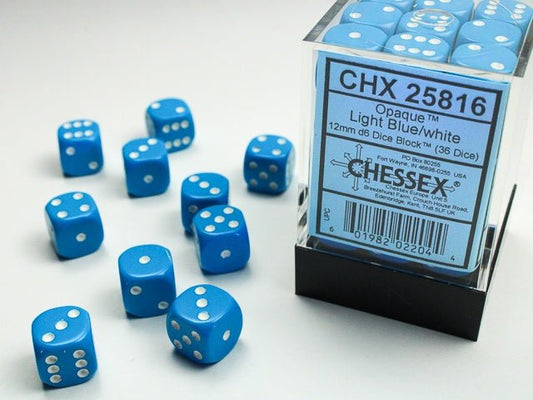 Chessex: Opaque LightBlue/White 12mm d6 Dice Block (36 Dice) - Collector Store LLC