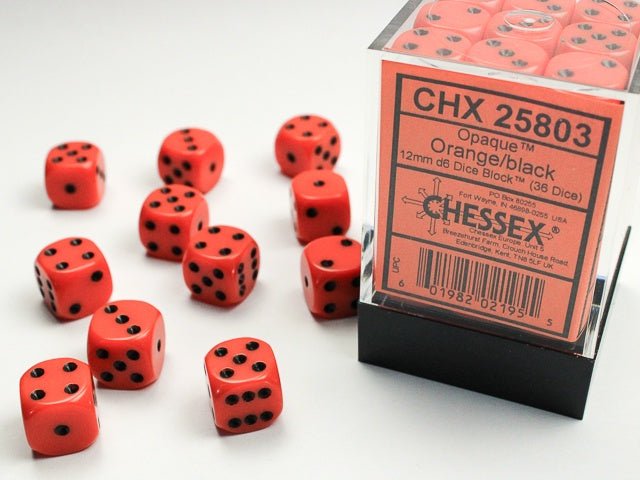 Chessex: Opaque Orange/Black 12mm d6 Dice Block (36 Dice) - Collector Store LLC