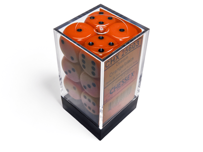 Chessex: Opaque Orange/Black 16mm d6 Dice Block (12 Dice) - Collector Store LLC