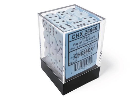 Chessex: Opaque Pastel Blue/Black 12mm d6 Dice Block (36 Dice) - Collector Store LLC