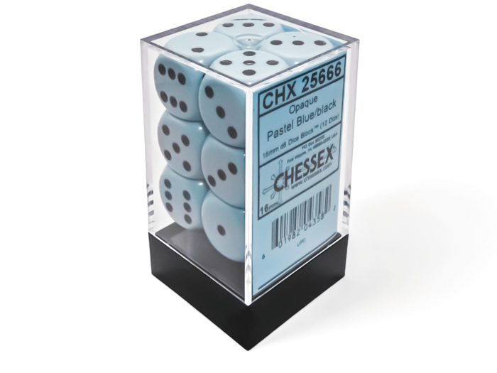 Chessex: Opaque Pastel Blue/Black 16mm d6 Dice Block (12 Dice) - Collector Store LLC