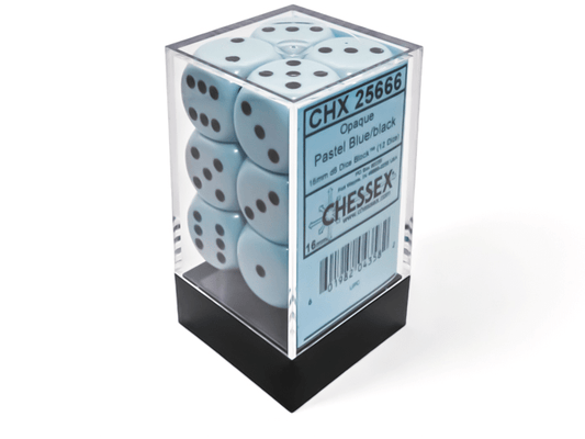 Chessex: Opaque Pastel Blue/Black 16mm d6 Dice Block (12 Dice) - Collector Store LLC