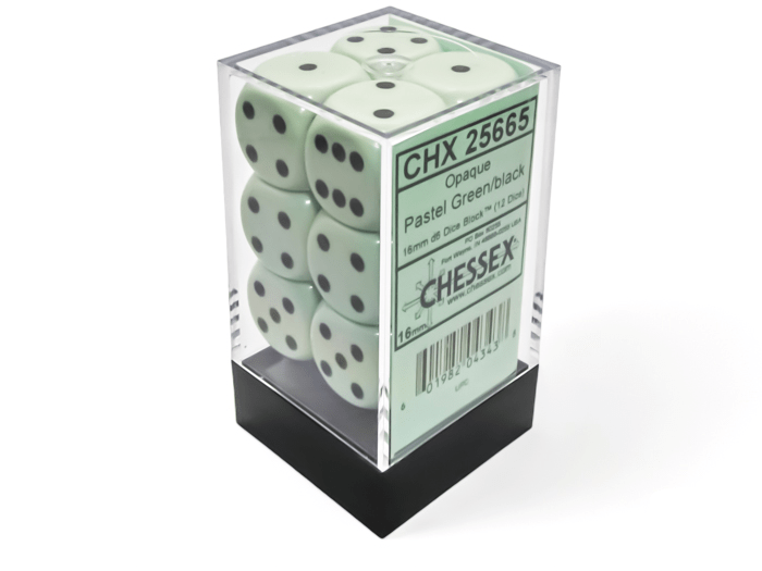 Chessex: Opaque Pastel Green/Black 16mm d6 Dice Block (12 Dice) - Collector Store LLC
