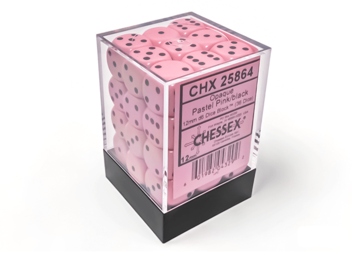 Chessex: Opaque Pastel Pink/Black 12mm d6 Dice Block (36 Dice) - Collector Store LLC