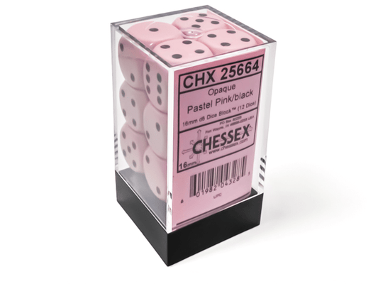 Chessex: Opaque Pastel Pink/Black 16mm d6 Dice Block (12 Dice) - Collector Store LLC