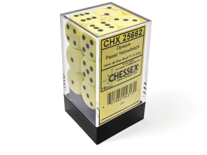 Chessex: Opaque Pastel Yellow/Black 16mm d6 Dice Block (12 Dice) - Collector Store LLC