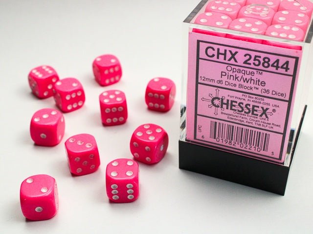 Chessex: Opaque Pink/White 12mm d6 Dice Block (36 Dice) - Collector Store LLC